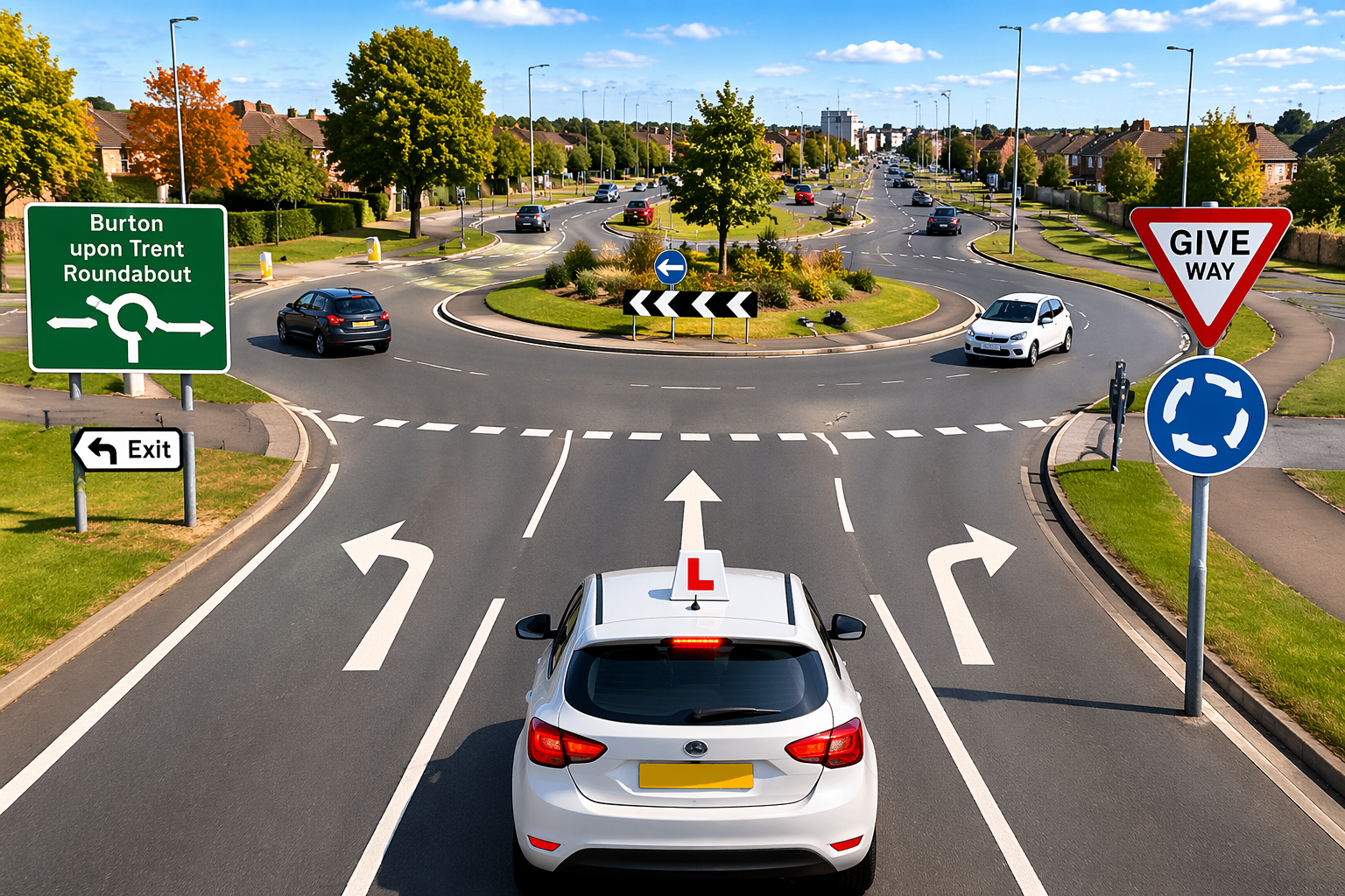 Learner driver practising Burton roundabouts with a local instructor Driving lesson near St Peter’s Bridge in Burton upon Trent Pupil learning correct lane choice at a Burton roundabout Automatic driving lesson focused on roundabout confidence in Burton Manual driving lesson covering common roundabout mistakes in Burton Learner driver approaching a mini-roundabout in Burton upon Trent
