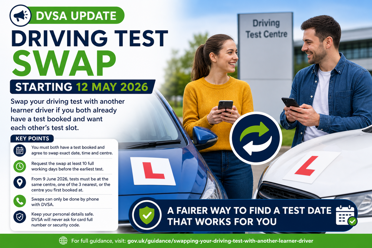 DVSA driving test swap update for learner drivers from 12 May 2026.