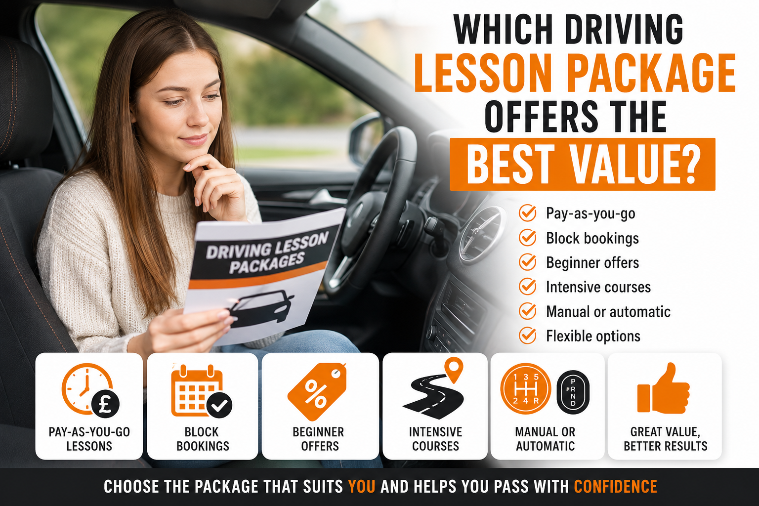 Learner comparing driving lesson packages and block-booking options