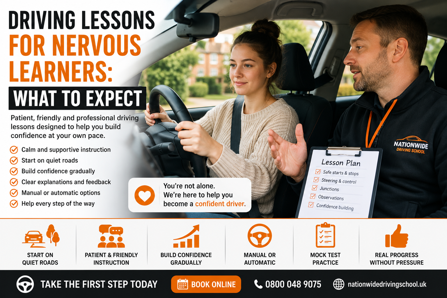 Nervous learner building confidence during a driving lesson