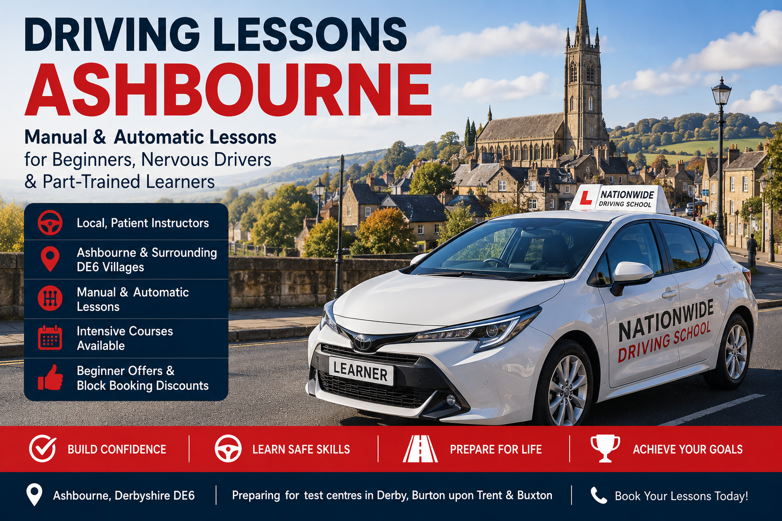 Beginner learner having a driving lesson in Ashbourne Driving lessons Ashbourne with Nationwide Driving School for manual, automatic and intensive learners