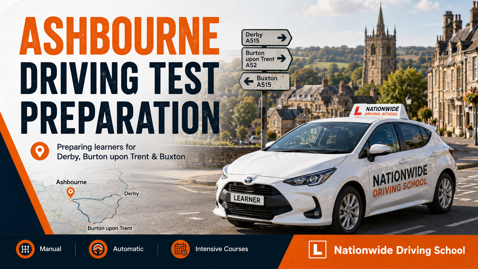 Ashbourne driving test preparation with Nationwide Driving School for Derby, Burton upon Trent and Buxton test centres